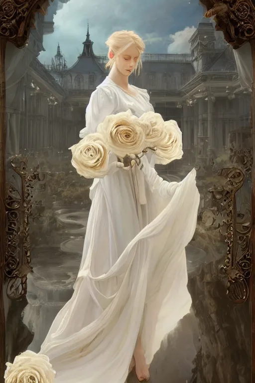 Image similar to woman dressed in a vaporous wrapped large victorian white roses semi transparent silk rose dress fashion, renaissance panorama behind her,D&D, fantasy, intricate, elegant, highly detailed, digital painting, artstation, concept art, matte, sharp focus, illustration, art by Artgerm and Greg Rutkowski and Alphonse Mucha