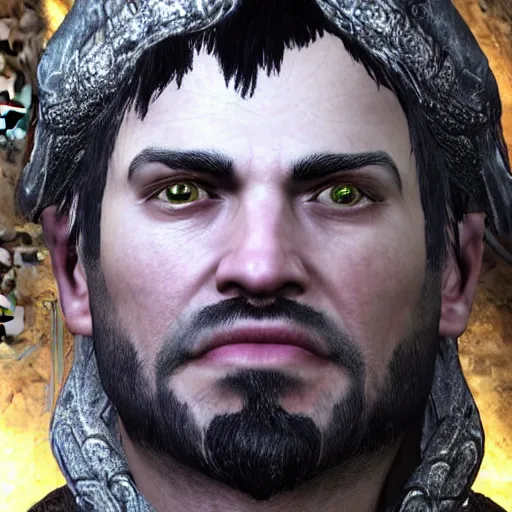 Image similar to kevin hearts face on a character in skyrim, full body image, highly ornate intricate details,