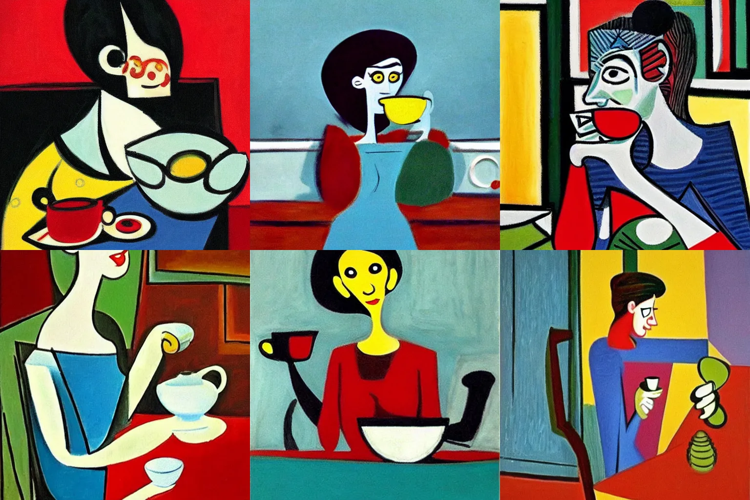 Prompt: a woman drinking tea by Pixar!!! (((Pablo Picasso)))