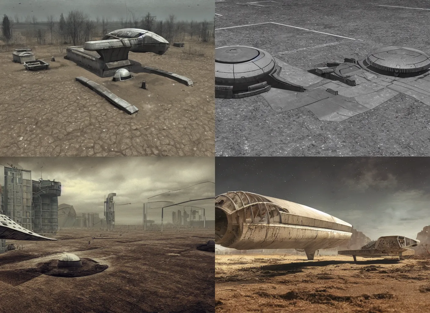 Prompt: realistic retro dystopian world starship landing on the muddy ground