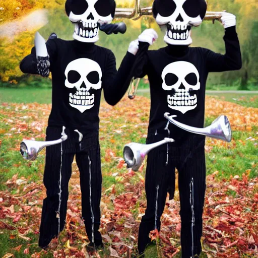 Prompt: Spooky Scary Skeletons with Trumpets