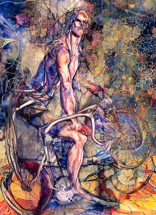 Image similar to portrait, Albert Hofmann on his first bicycle ride on lsd, Using Stable Diffusion to paint, watercolor, dramatic lighting, cinematic establishing shot, extremly high detail, foto realistic, cinematic lighting, pen and ink, intricate line drawings, by Yoshitaka Amano, Ruan Jia, Kentaro Miura, Artgerm, post processed, concept art, artstation, matte painting, style by eddie mendoza, raphael lacoste, alex ross