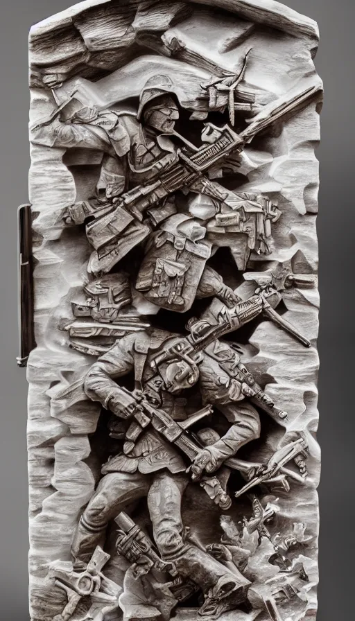 Prompt: the war portal highly detailed carving on southern ice porcelain, partially crystallized, guns, blood, woodfired, art gallery