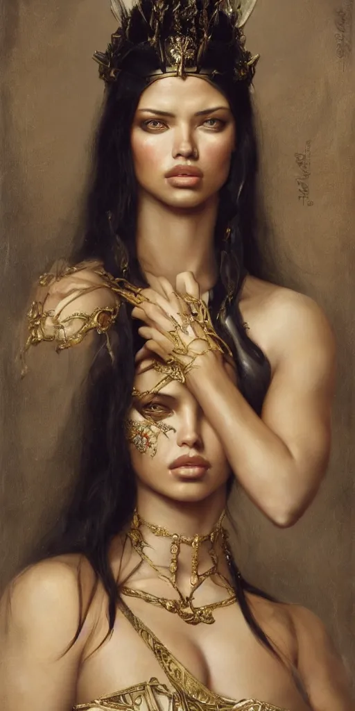 Image similar to the portrait of adriana lima as queen in intricate dress by roberto ferri, fantasy, witcher, very detailed oil painting, masterpiece, 8 k