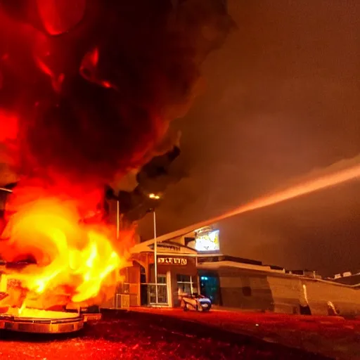 Image similar to a red helium cinema camera in flames at riverview in vancouver. cinematic. 8 k