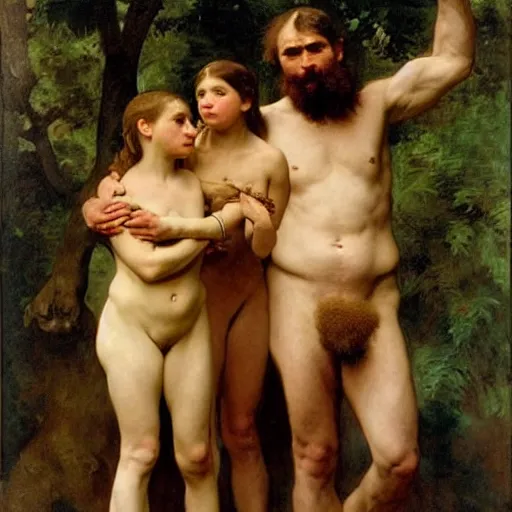 Image similar to portrait of an ancient human species neanderthal muscular rubenesque hairy family, by bouguereau, norman rockwell, ruben, manet, renoir