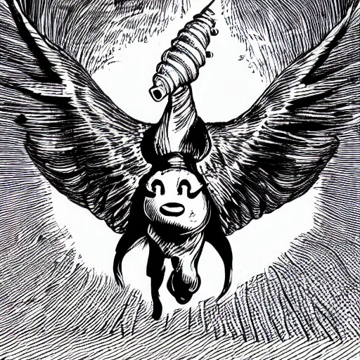 Prompt: winged flying pig with unicorn horn, richard corben style, black and white, stipple