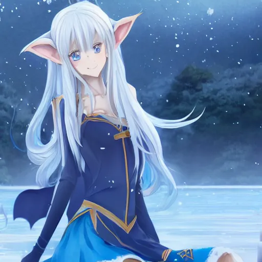 Prompt: a very beautiful anime elf girl, full body, long silver hair with a flower, sky blue eyes, full round face, short smile, casual clothes, ice snowy lake setting, cinematic lightning, medium shot, mid-shot, highly detailed, trending on Artstation, Unreal Engine 4k, cinematic wallpaper by Stanley Artgerm Lau, WLOP, Rossdraws, James Jean, Andrei Riabovitchev, Marc Simonetti, and Sakimichan