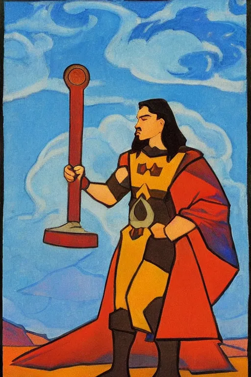 Image similar to thor with hammer, marvel, artwork by nicholas roerich,