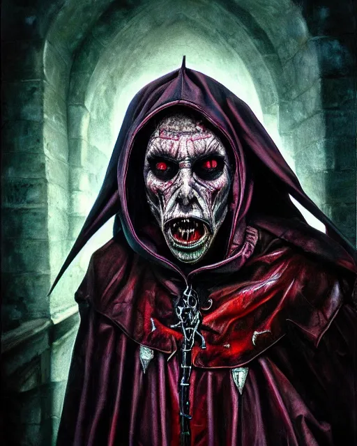 Image similar to photorealist painting of demonic priest, gothic, horror, vivid dark colors, high production value, intricate details, high resolution, hyperrealistic, hdr, high definition, masterpiece, ultra realistic, highly detailed, hd, sharp focus, non blurry, sharp, smooth