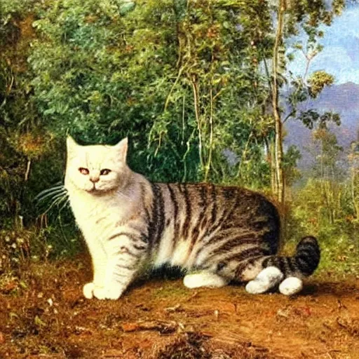 Prompt: huge cat besides small houses, oil painting by Ivan Shishkin