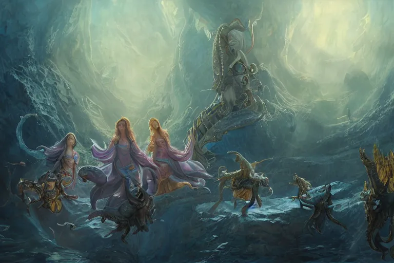 Image similar to the muses. sacred singers they who took up the strings of the deep ocean kraken, and turned the cacophony of an angry world into songs of unity and peace. morning lighting hopeful, sun beams cinematic fantasy painting, dungeons and dragons, jessica rossier and brian froud