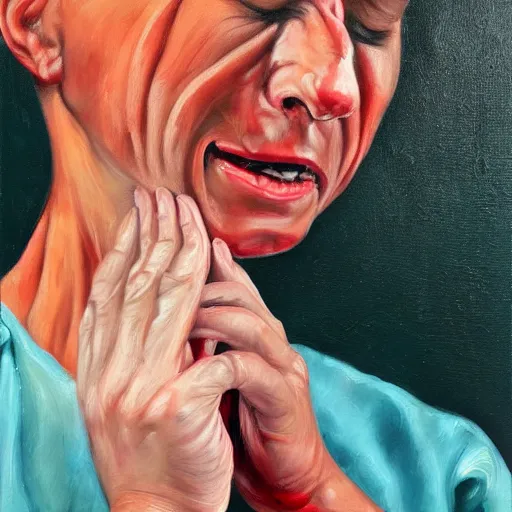 Prompt: Woman in pain after stubbing her toe badly, OUCH, hurting, oil painting, photorealism