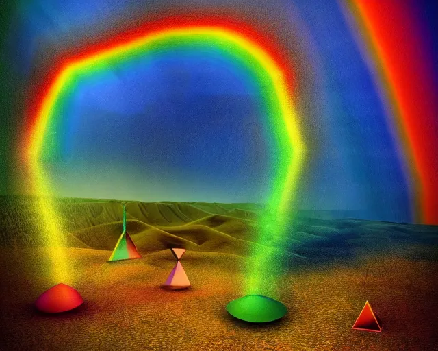 Image similar to isometric 3 d surrealist rainbow in a surreal desert, frequencies divided as sacred geometry 3 d shapes, very surreal, strange pagan atmosphere, by salvadore dali