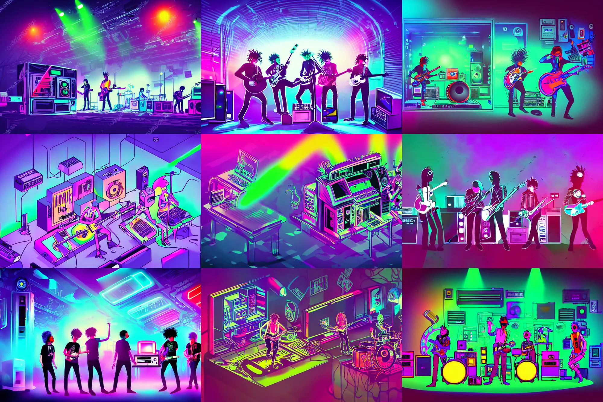 Prompt: punk band playing inside a computer, retrofuturistic, fog, lightshow, big hairstyles, very detailed and colorful and vivid