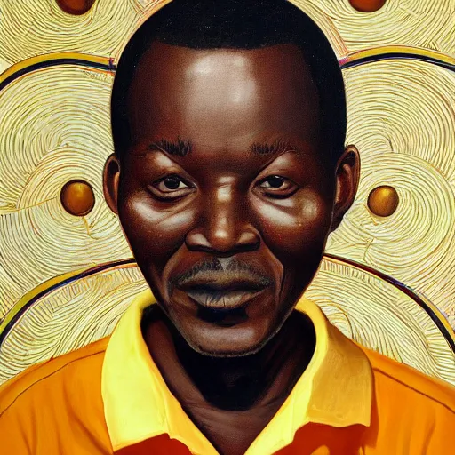 Prompt: a painting of a round face, XXL , smiley, Loving, caring, generous, ever-present, humble, wise elder from Kenya in a suit by Kehinde Wiley . Fatherly/daddy, focused, loving, leader, relaxed,. ethereal lights, details, smooth, sharp focus, illustration, realistic, cinematic, artstation, award winning, rgb , unreal engine, octane render, cinematic light, macro, depth of field, blur, red light and clouds from the back, highly detailed epic cinematic concept art CG render made in Maya, Blender and Photoshop, octane render, excellent composition, dynamic dramatic cinematic lighting, aesthetic, very inspirational, arthouse.