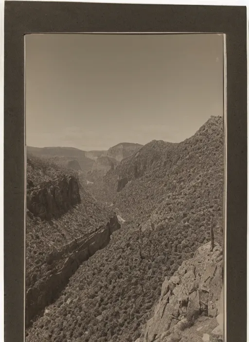 Image similar to Overlook of a gorge with steep rocky slopes covered with sparse desert trees , albumen silver print by Timothy H. O'Sullivan.