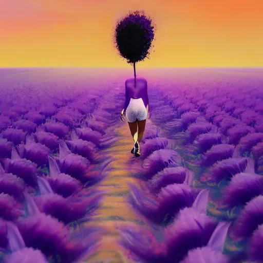 Image similar to portrait, giant purple dahlia flower head, woman running at orange beach, surreal photography, sunrise, blue sky, dramatic light, impressionist painting, digital painting, artstation, simon stalenhag