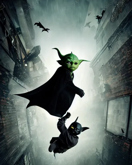 Image similar to epic action still of baby yoda wearing batman outfit as batman hanging upside - down from building in atmospheric alleyway in the style of batman the dark knight rises, 8 k backlit