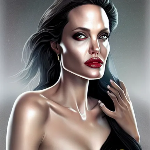 Image similar to Angelina Jolie as Lucifer Morningstar, highly detailed, digital painting, artstation, concept art, smooth, sharp focus, illustration, ArtStation, art by Katsuhiro Otomo and Tom Bagshaw