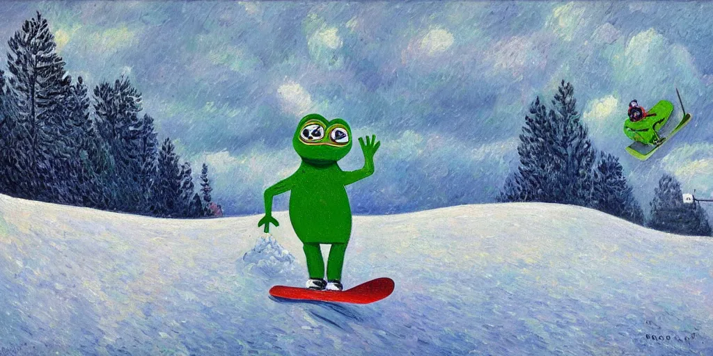 Image similar to pepe the frog snowboarding, gloomy landscape, expressive oil painting by christopher radlund and camille pissaro