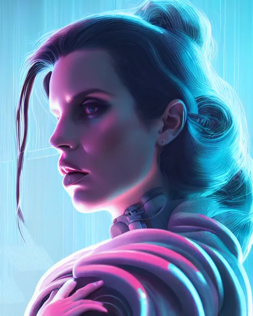 Image similar to portrait of lana del rey as a cyborg. intricate abstract. intricate artwork cyberpunk by tooth wu, wlop, beeple, dan mumford. octane render, trending on artstation, greg rutkowski ruan jia, cinematic lighting, hyper realism, high detail, octane render, 8 k, key art, blue and pink iridescent accents