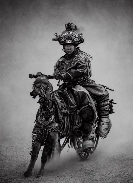 Image similar to old vintage photo of Chinese ancient warrior on the steam punk one wheels, extreme sports photography , dynamic photography, high speed,dirt and grawel flying in the spot, lens flares, dust in the air, moody lighting, intricate, elegant, highly detailed, centered, smooth, sharp focus, sports photography, old photo, black and white, sepia, cinematic lighting, cinematic angle, national geographic