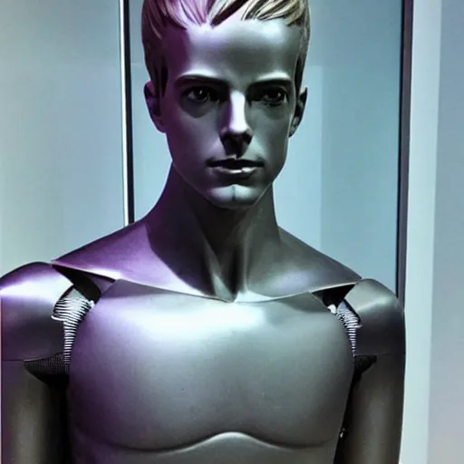 Image similar to “a realistic detailed photo of a guy who is an attractive humanoid who is half robot and half humanoid, who is a male android, actor Grant Gustin, shiny skin, posing like a statue, blank stare, at the museum, on display”