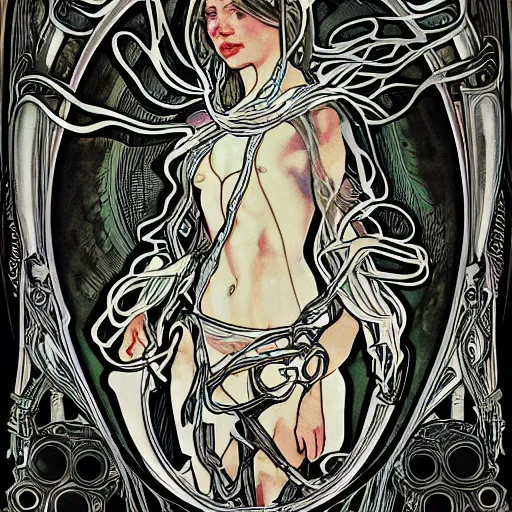 Prompt: xenomorph portrait in the style of alphonse mucha, inticrate,