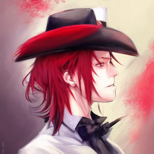 Prompt: semi realistic anime illustration of black top hat wearing red haired man, with beautiful hyperdetailed eyes, facing camera directly, full face portrait made by Stanley Artgerm, WLOP, Rossdraws, James Jean Andrei Riabovitchev, Marc Simonetti, Yoshitaka Amano, Artstation