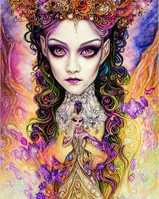 Image similar to josephine wall water colored pencils baroque bedazzled gothic royalty frames surrounding a pixelsort highly detailed portrait of a detailed pencil portrait with watercolor of a beautiful monster high doll, by sabrina eras, alice x. zhang, agnes cecile, blanca alvarez