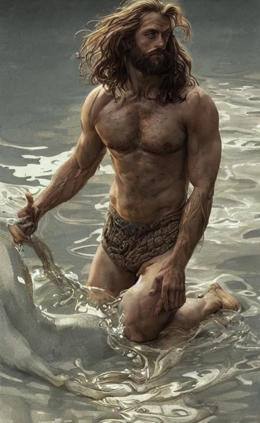 Image similar to portrait of the god of the lake, 30 years old, rugged, long hair, male, gorgeous, detailed face, amazing, thighs!!!!!!, muscular, intricate, highly detailed, digital painting, artstation, concept art, sharp focus, illustration, art by greg rutkowski and alphonse mucha