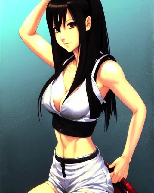 Image similar to tifa wearing tank suit, seductive pose and smile, room background | very very anime!!!, fine - face, audrey plaza, realistic shaded perfect face, fine details. anime. realistic shaded lighting poster by ilya kuvshinov katsuhiro otomo ghost, magali villeneuve, artgerm, jeremy lipkin and michael garmash and rob rey