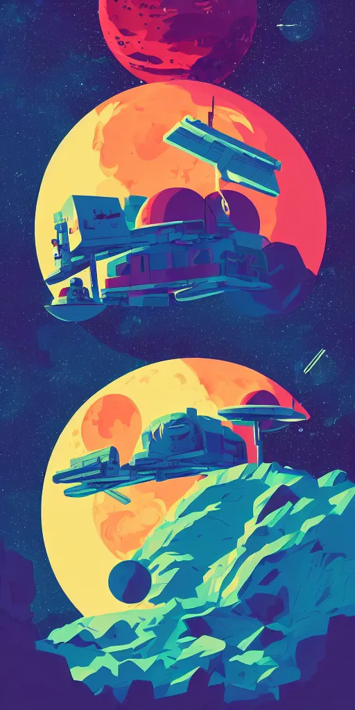 Prompt: cursed multicolored one large space station on the moon. space in background, tom whalen, james gilleard, liam brazier, tristan eaton