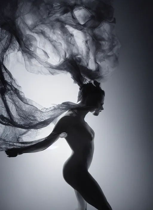 Image similar to a Photorealistic dramatic hyperrealistic render of a beautiful Female smoke dancer by Ken Brower and Deborah Ory of NYC Dance project,Lois Greenfield,Flowing cloth and smoke,Beautiful dynamic dramatic dark moody lighting,volumetric,shadows,cinematic atmosphere,Octane render,8K