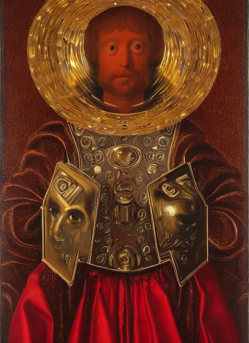 Image similar to a portrait of a shiny metallic renaissance robot, in the style of Jan van Eyck,
