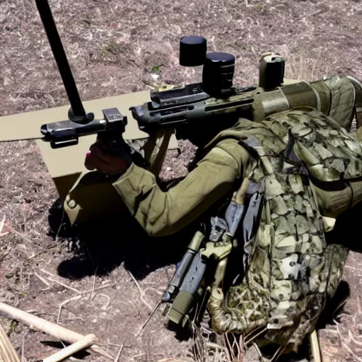Image similar to a rare frog equipped with m 2 4 9 machine gun and night vision target acquisition system, photo from jane defence weekly