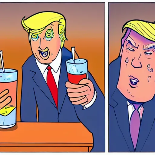 Image similar to cartoon drawing of Biden and Trump together drinking a caipirinha with Rio de Janeiro on the background, cute, cartoon, Disney, friendly, detailed