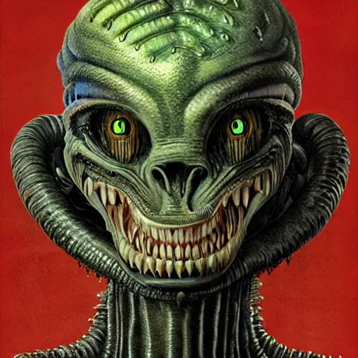 Prompt: space alien, slimy, glossy, sharp teeth, by h. r. giger, nightmare fuel, nightmarish, intricate, highly detailed, optical illusion, stranger things demogorgon