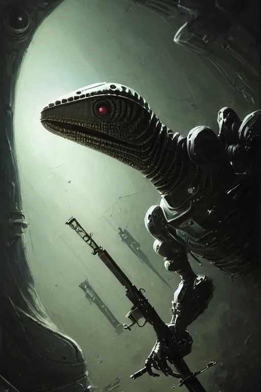 Image similar to Sci-Fi Lizard alien, armored, art by Kashin, Wadim, Martinière, Stephan, Gonzalez, Josan, holding rifle, sharp focus, pitch black Spaceship hallway background, by Andrei Riabovitchev, Shaun Tan, Peter Mohrbacher and Takayuk, cinematic, realistic, intricate detail, finely detailed, small details, extra detail, photorealistic, high resolution, 3D, PBR, path tracing, volumetric lighting, octane render, arnold render, 8k