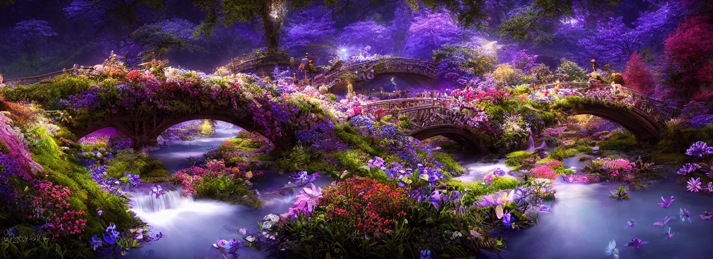 Image similar to photograph of enchanted garden, blue river in the middle, 1 glowing bridge crossing river, mystical fairies swooping around bridge, flowers with intricate detail, by marc adamus, highly detailed, intricate detail, cinematic lighting