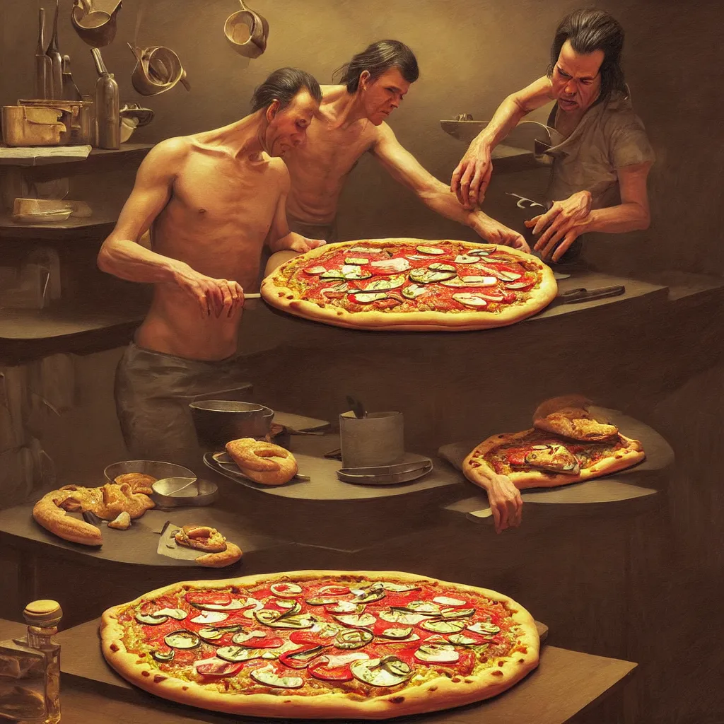 Image similar to hyper detailed 3d render like a Oil painting - nick cave baking pizza by Jacek Yerka, Mariusz Lewandowski, Houdini algorithmic generative render, Abstract brush strokes, Masterpiece, Edward Hopper and James Gilleard, Zdzislaw Beksinski, Mark Ryden, Wolfgang Lettl, hints of Yayoi Kasuma, octane render, 8k