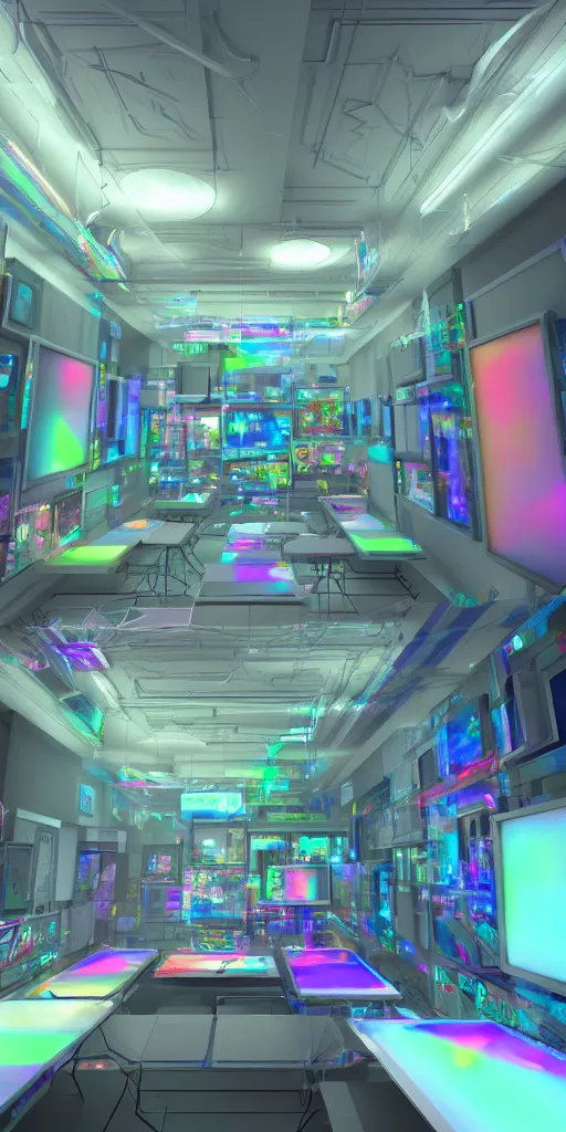 Image similar to a photorealistic futuristic 3D room with four walls covered with rainbow glowing CRT computer monitors with snowy screens embedded into the wall, Trending on artstation, cinematic lighting from the right, hyper realism, octane render, 8k, depth of field, 3D