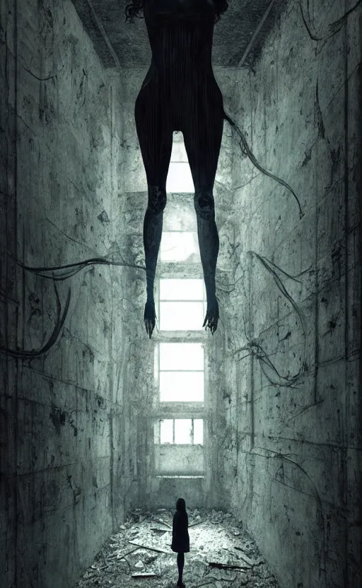 Image similar to vertical movie frame portrait of girl inside abandoned school, ominous backrooms at distance seen through big broken wall, giger interior design, architectural design, vintage, liminal aesthetic, dreamcore, weirdcore, clean lines, wide angle, by wayne barlowe, tsutomu nihei, zdzislaw beksinski,