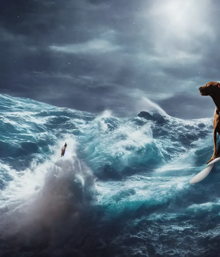 Image similar to photo of a dark gray coat pit bull with a white paws and a white nose!, surfing on a surfboard in a crashing wave of alien ocean in space, background is an alien galaxy, aliens in the background, alien colors, octane render, unreal engine, wide view, 8 k, highly detailed