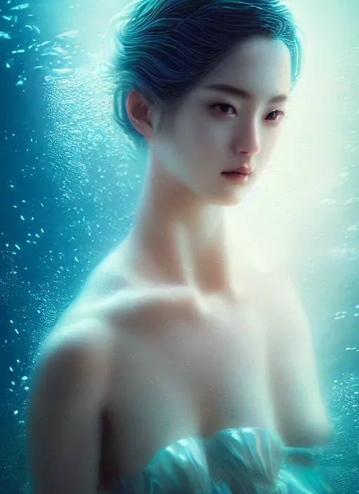 Image similar to an underwater photographic beauty portrait, cinematic, volumetric lighting, fantasy, intricate, elegant, highly detailed, digital painting, artstation, concept art, smooth, sharp focus, illustration, art by jingna zhang, ayami kojima, artgerm