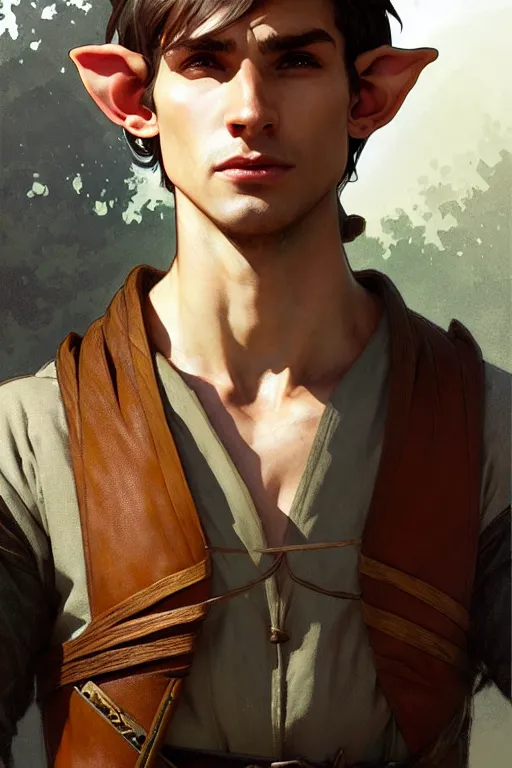 Prompt: portrait of a beautiful fit young elf male ranger, with fluent cloths, leather armor, open shirt, by greg rutkowski and alphonse mucha, d & d character, gradient brown to white, autumn background, highly detailed portrait, digital painting, artstation, concept art, smooth, sharp focus illustration, artstation hq