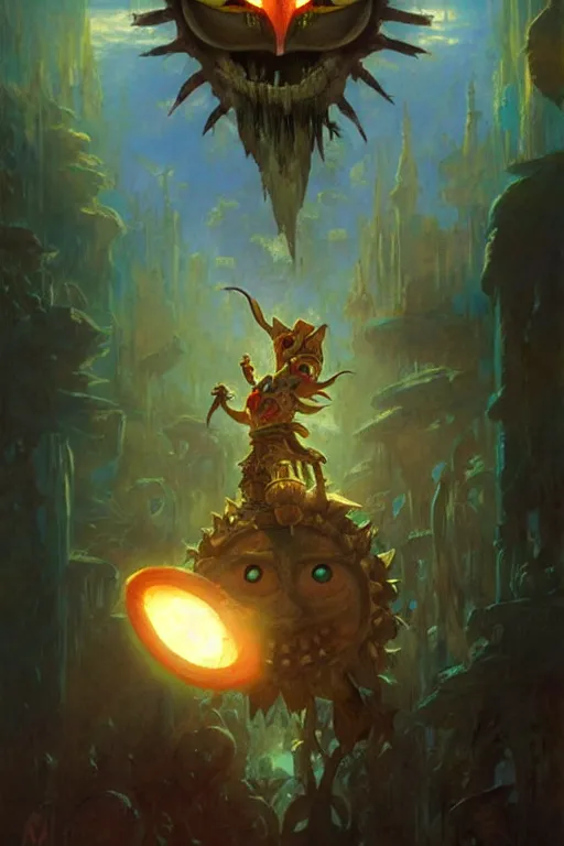 Image similar to majora's mask as a magic the gathering card portrait dnd, painting by gaston bussiere, craig mullins, greg rutkowski, yoji shinkawa