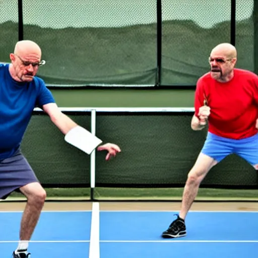 Prompt: walter white and saul goodman playing pickleball, ultra realistic, photorealistic, cinematic