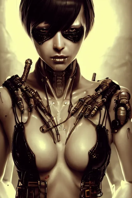 Prompt: soft lustrous full body yakuza gothic ivory ebony biotech raver gutter punk cyberpunk robot bioweapon, golden ratio, details, scifi, dark fantasy, cyberpunk, intricate, decadent, highly detailed, digital painting, octane render, artstation, concept art, smooth, sharp focus, illustration, art by artgerm, loish, wlop